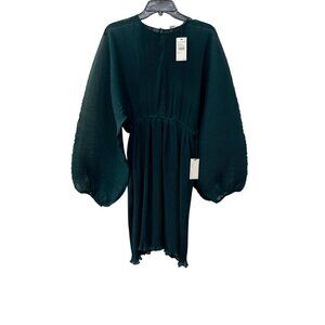 NWT FLORET STUDIOS Size S Pleated Long Sleeve Minidress In Hunter Green